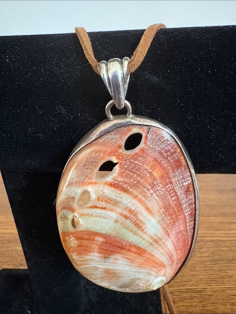 Handcrafted Orange and Cream Shell Pendant Necklace .925